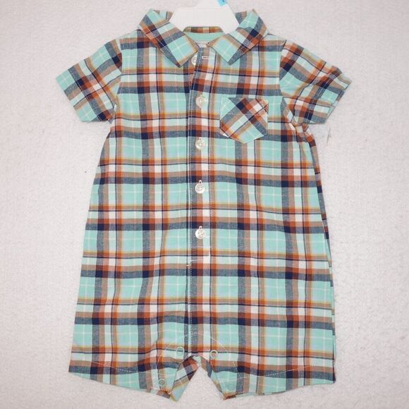 Carter's Other - NEW Carter's 6 Month Blue Rust Plaid Button Up w/ Collar Romper Short Outfit